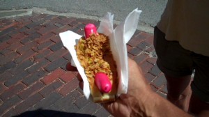 My Red Snapper Dog with Slawsa, mustard and Onion Crunch.