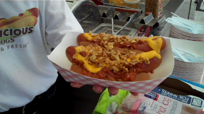 Two Chili Dogs with cheese and Onion Crunch